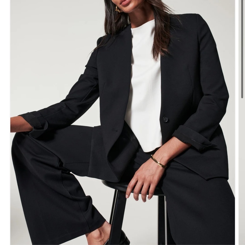 Spanx Perfect collarless blazer Black Ponte Pockets Stretch Relaxed Fit Sz M